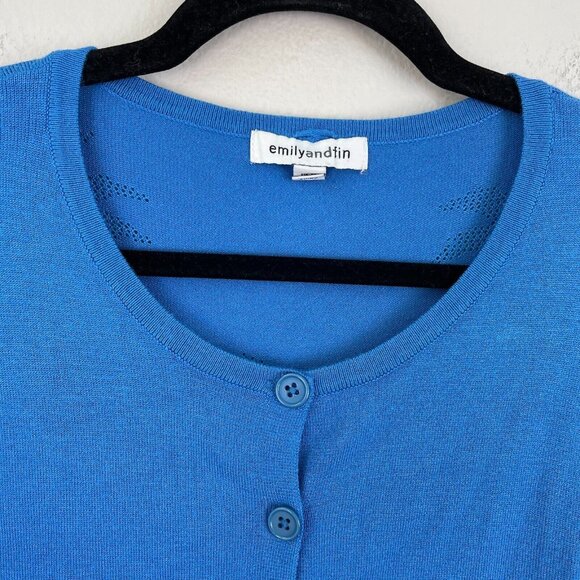 Emily and Fin Womens Large Blue Button Up Cardigan Sweater Palm Tree Print - Picture 2 of 10